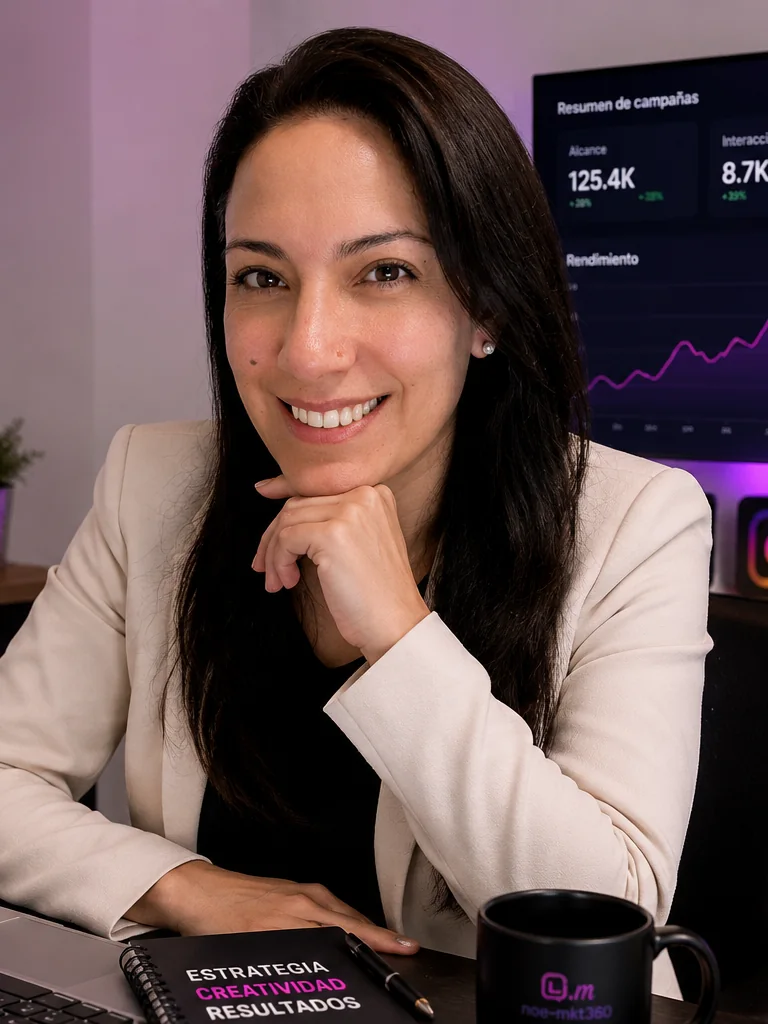 Noelia Magallanes en su estudio de marketing, con paneles de métricas detrás