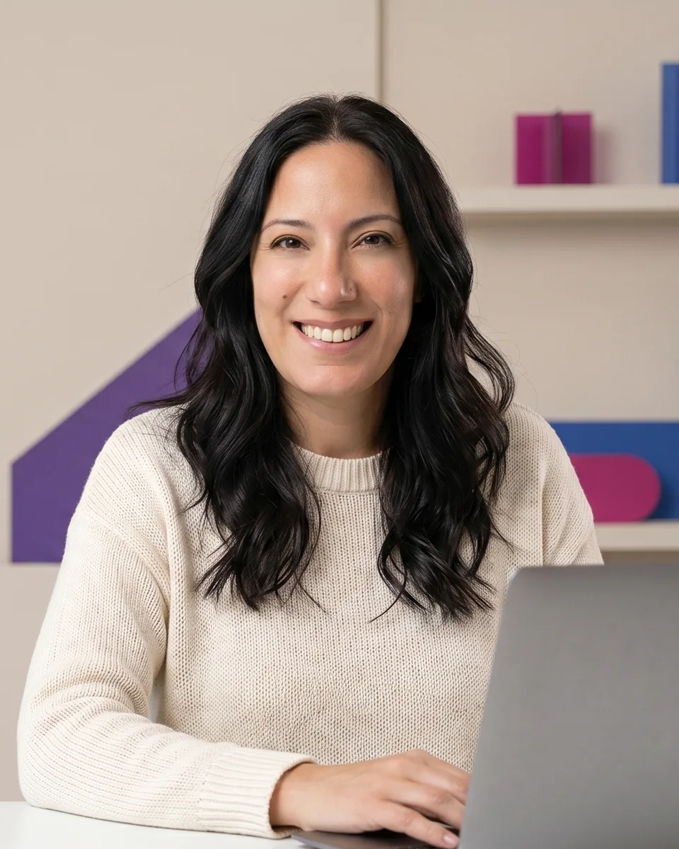 Noelia Magallanes, estratega de Marketing 360 en Buenos Aires, sonriendo frente a su notebook