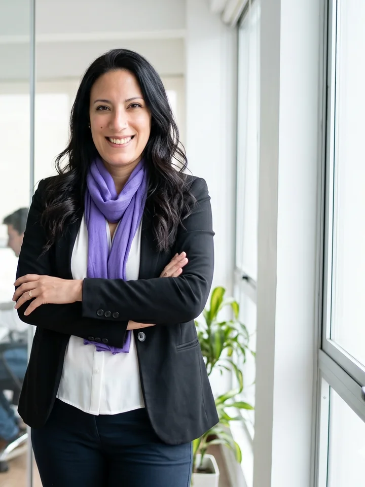Noelia Magallanes, estratega de Marketing 360, con los brazos cruzados en su oficina